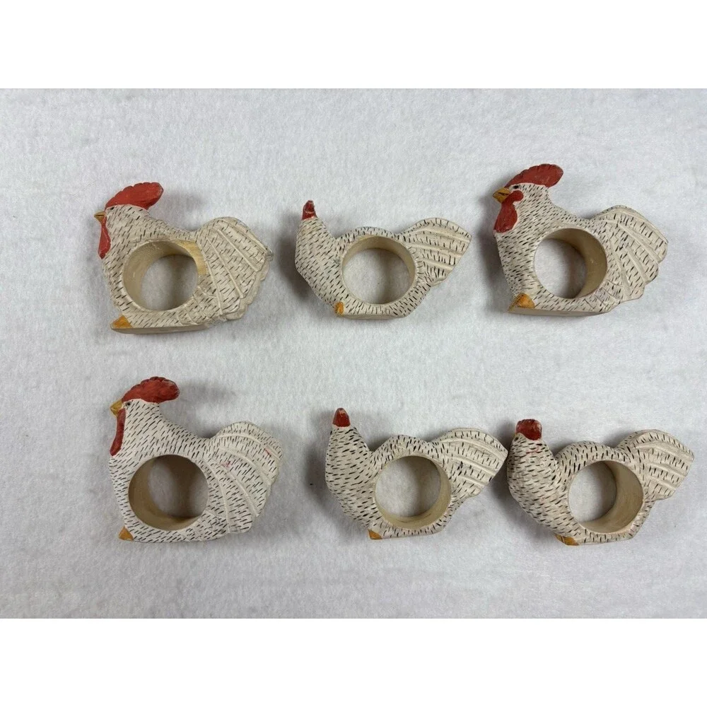 Set of 6 Hand Painted Wooden Chicken Napkin Rings Rooster Farmhouse Decor